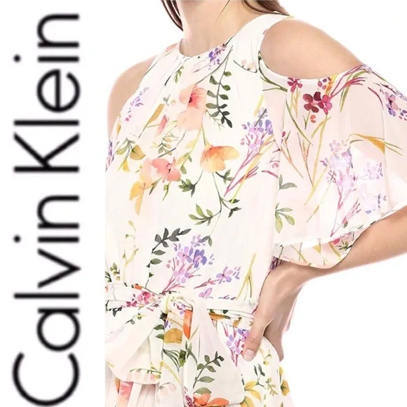 NEW Calvin Klein Cold Shoulder floral chiffon Maxi Dress with Self-sash Waist - Picture 5 of 12